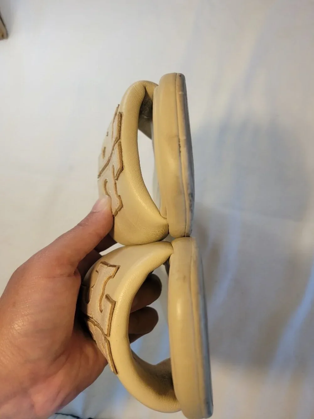Tory Burch Double T Leather Slide Sandals Cream Beige Gold Logo Size 7